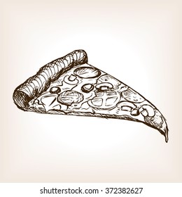 Pizza Slice Sketch Style Raster Illustration. Old Hand Drawn Engraving Imitation. Loaf Of Bread Illustration