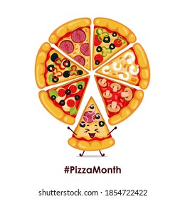 Pizza slices with various toppings and mascot cheerful of cute. Illustration character cartoon to celebrate pizza month - Powered by Shutterstock