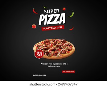 Pizza with tomatoes, mozzarella cheese, black olives and basil. Delicious italian pizza on wooden pizza board. Table top view. Vector design landing pag - Powered by Shutterstock