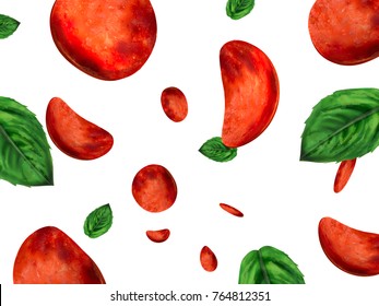 Pizza Toppings Wallpaper, Pepperoni And Basil Elements Falling Down From Sky In 3d Illustration, White Background