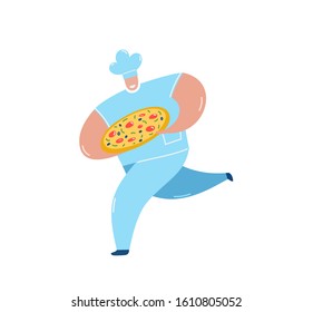 Pizzaiolo Carrying Pizza Flat Vector Illustration. Cartoon Chef Holding Tray With Traditional Italian Cuisine Dish Isolated Character. Cook, Pizza Maker In Uniform Rushing, Delivering Delicious Snack