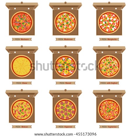Pizzas and opened cardboard boxes on white background. Raster version