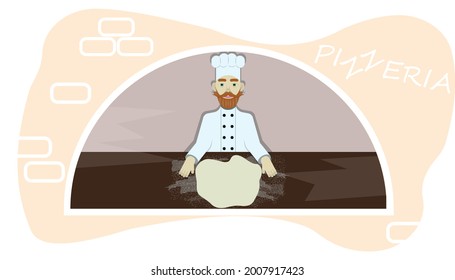 Pizzeria Pizza Baker Chef Bakery Cooking Kitchen Window Pie Cookies Dough Flour Man With Mustache Red Hair Man Profession Food 