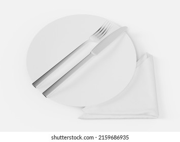 Place Setting Mockup. Isolated Plate, Cutlery And Napkin. 3d Rendering