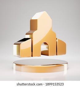 Place Of Worship Icon. Yellow Gold Place Of Worship Symbol On Golden Podium. 3D Rendered Social Media Icon.