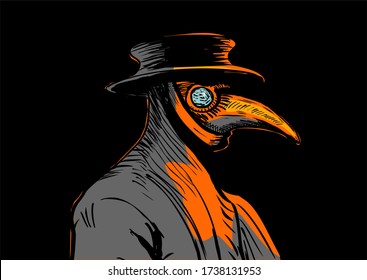 Plague Doctor With Bird Mask And Hat. Medieval Spooky Costume With Long Beak.