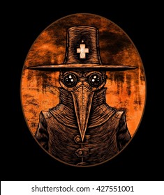 Plague Doctor. Graphic Illustration On Fire Background