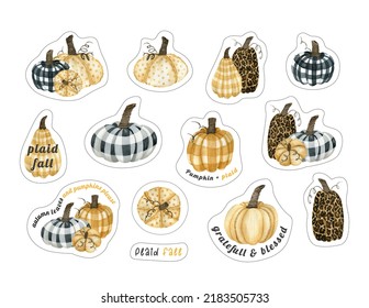 Plaid Pumpkins Printable Stickers Pack For Thanksgiving Decor, Hand Cut Fall Stickers With Contour Lines