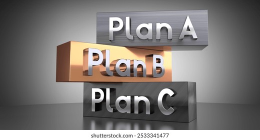 Plan A, B, C - words on metal blocks - 3D illustration
