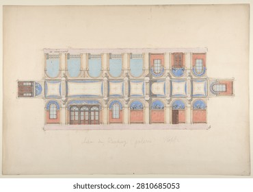 Plan and Elevation of Gallery, Deepdene, Dorking, Surrey. Vintage art illustration.