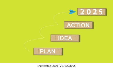 plan, idea, action text on wooden blocks. stair up 2025 on top and plane showing path by dotted lines road to success on yellow background.	