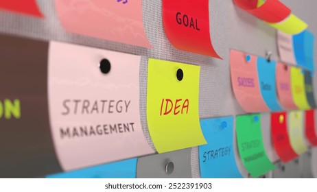 Plan Idea, strategy management, tactics, goal give success color stick papers on the wall. Paper stickers 2. 3D Illustration - Powered by Shutterstock