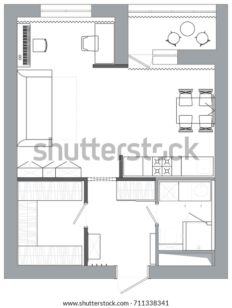 Plan Interior Zoning Small Oneroom Apartment Stock Illustration