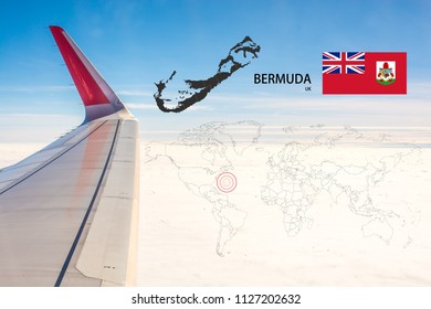 Plan on traveling long distances to Bermuda (UK).The tail of the plane and Bermuda (UK) map on a world map with flag,On the backdrop is the sky and clouds.