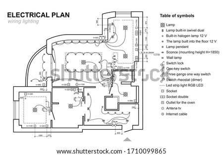 Plan wiring lighting. Electrical schematic  interior. Set of standard icons switches, electrical symbols for blueprint. Raster copy