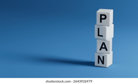 plan. wooden elements spelling.Flat lay view from above on wooden elements buttons.IT technology concept.3D rendering on blue background.