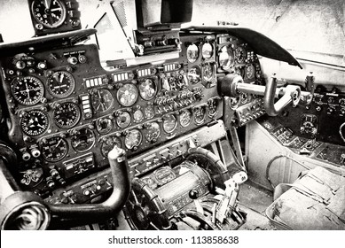 Plane cockpit, old aircraft interior in retro style