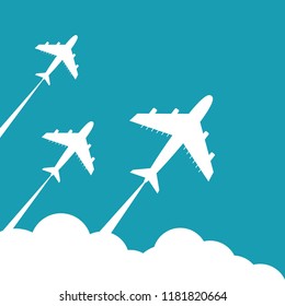 Plane Fly On Blue Cloud Sky Background With Blank Area For Your Text. Stock Flat  Illustration.