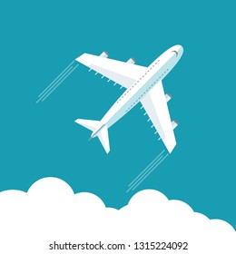 Plane Fly On Blue Cloud Sky Background With Blank Area For Your Text. Stock Flat Illustration.