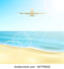 Plane fly over ocean on Sun background, illustration.