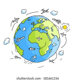 Plane flying around globe concept