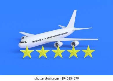 Plane Near Five Yellow Stars On Blue Background. Concept Of Best Airline. Excellent Feedback. Good Rating Of Travel Company. Luxury Passenger Transportation. Fine Air Services. 3d Rendering