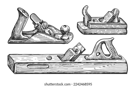 Plane old wooden jointer tool. Retro carpentry woodworking equipment isolated. Hand drawn sketch vintage illustration - Powered by Shutterstock