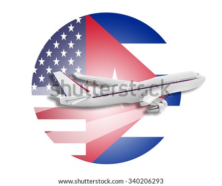 Plane on the background flags of the United States and Cuba.