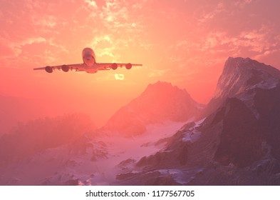 Plane over the mountains at sunset..,3d render