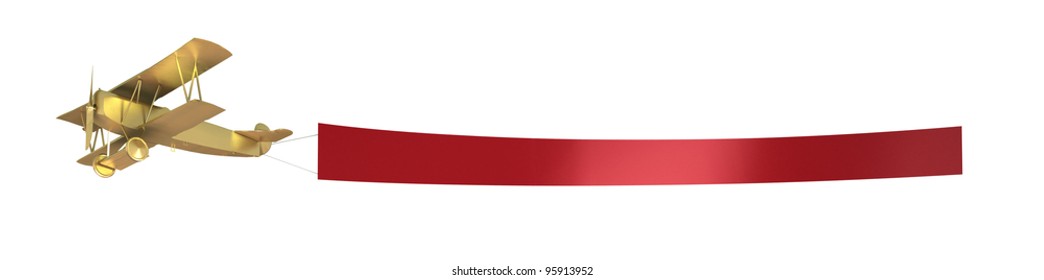 Plane pull a red banner, isolated on white