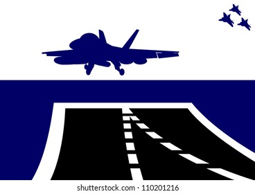 The plane takes off from the deck of an aircraft carrier. The illustration on the military theme.
