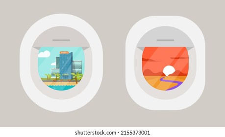 Plane Window View Flat Or Airplane Porthole With Travel City Resort Scene And Sunset Mountains Nature Trip Landscape Cartoon Illustration, See Beach Vacation And Aircraft Journey Concept Image