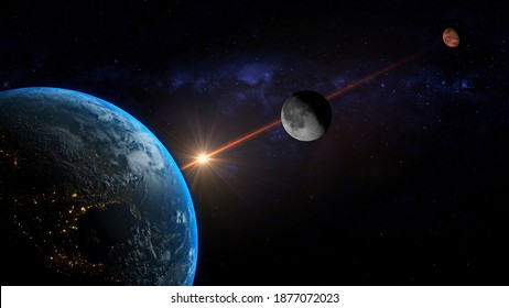 Planet Alignment , Close Approach Of The Moon And Mars 3d Rendering Illustration