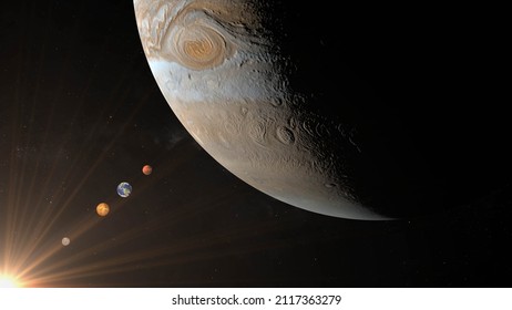 Planet Alignment , Planets Mercury , Venus , Earth And Mars Compared With The Gas Giant Jupiter 3d Rendering Illustration