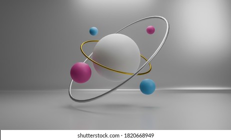 Planet or atom concept in white background. 3D illustration render