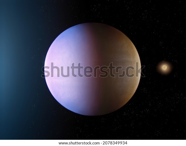 Planet in a binary star system. Two stars\
illuminate the exoplanet 3d illustration.\
