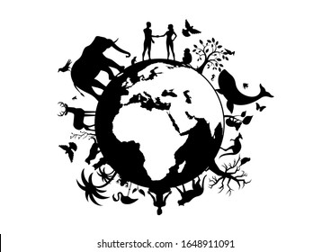 Planet Earth with animals and humans black silhouette. Planet Earth black silhouette. Wild animals silhouette. Planet Earth with fauna and flora icon. Animals and people on planet earth illustration