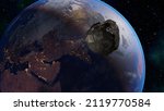 Planet Earth and asteroid approaching. 3d rendering space illustration.