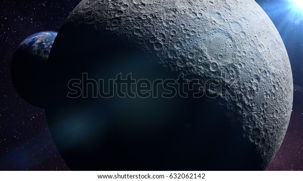 planet Earth behind the far side of the Moon lit be the\
Sun (3d illustration, elements of this image are furnished by NASA)\
