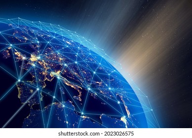 Planet Earth, city lights and worldwide digital network infrastructure 3d. Some elements of the image furnished by NASA. - Shutterstock ID 2023026575