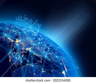 Planet Earth, City Lights And Worldwide Growth Digital Data Network Infrastructure 3d. Some Elements Of The Image Furnished By NASA.