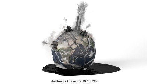 Planet earth crashed to the ground and broken while dripping oil. Factories that emit smoke and that pollute. Planet in danger and fragile. 3D illustration. Copy space. Earth texture provided by Nasa.