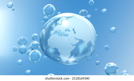 Planet Earth In Crystal Transparent Drop On Blue Bubble Background Showing Africa And Europe. Abstract Concept 3D Animation For World Water Day, Clean Sustainable Resources And Global Climate Change.