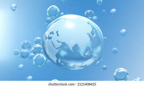 Planet Earth In Crystal Transparent Drop On Blue Bubble Background Showing Asia And Australia. Abstract Concept 3D Animation For World Water Day, Clean Sustainable Resources And Global Climate Change.