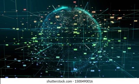 Planet Earth Cyberspace Particle Abstract Motion. Digital Continents Hologram Colorful Fly Dots Data World Network Map. Planet Rotation Outer Space Exploration Business Concept 3D Rendering Animation