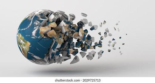 Planet Earth is destroying and cracking. Planet in danger and fragile. 3D illustration. Copy space. Planet earth broken into a thousand pieces. Earth texture provided by Nasa.
