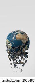 Planet Earth is destroying and cracking. Planet in danger and fragile. 3D illustration. Copy space. Planet earth broken into a thousand pieces. Earth texture provided by Nasa.