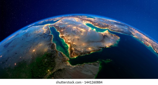 La planète Terre avec un soulagement exagéré détaillé la nuit éclairé par les lumières des villes. Arabie Saoudite. Rendu 3D. Éléments de cette image fournis par la NASA
