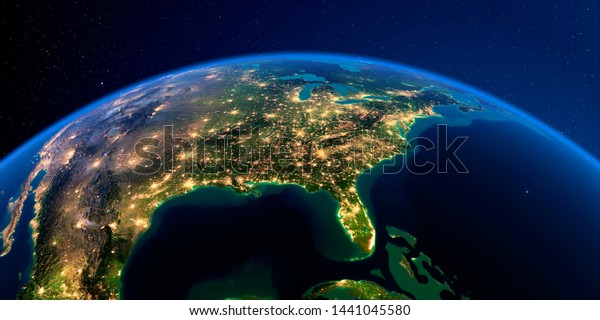 Planet Earth with detailed exaggerated relief at\
night lit by the lights of cities. North America. USA. Gulf of\
Mexico and Florida. 3D rendering. Elements of this image furnished\
by NASA