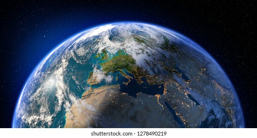 Planet Earth with detailed relief and atmosphere. Day and Night. Europe, North Africa and Middle East. 3D rendering. Elements of this image furnished by NASA